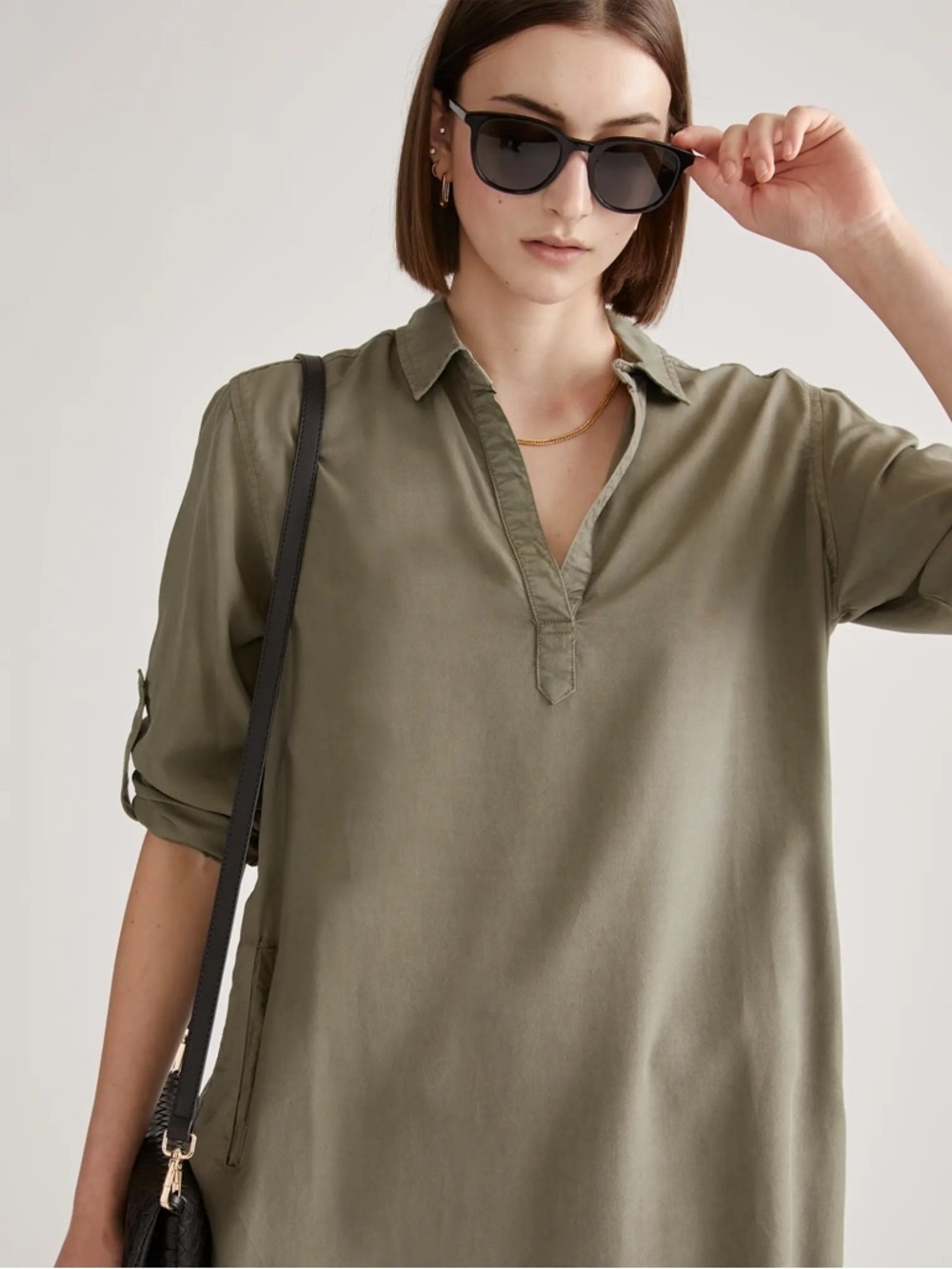 Quince Olive Gray Vintage Wash Tencel Roll Sleeve Tunic Dress Medium - Picture 4 of 11